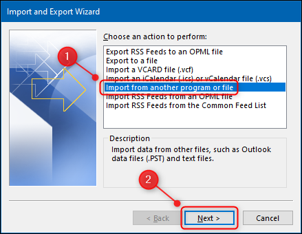 Outlook "Importar desde otro programa o archivo" opción.
