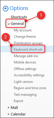 La opción "Métodos abreviados de teclado"