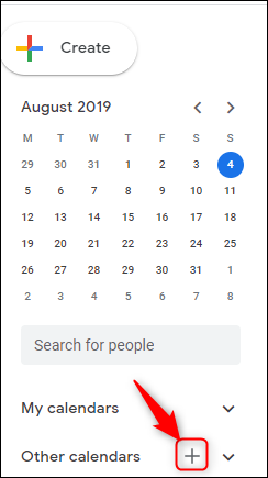 La sección "Otros calendarios" de Google con "agregar calendario" resaltado.
