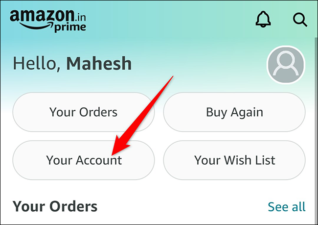 Toque "Su cuenta" en la pantalla "Hola" en la aplicación de Amazon.