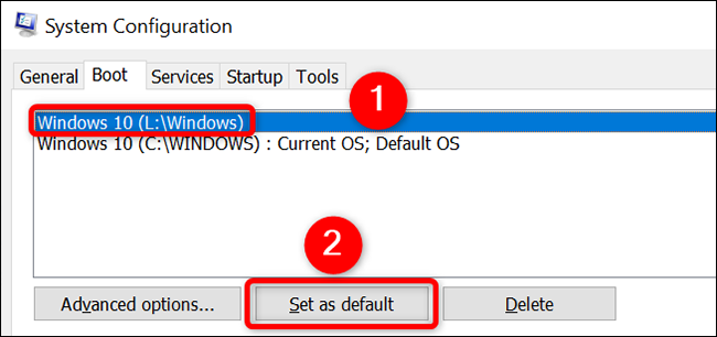 Seleccione un sistema operativo y haga clic en "Establecer como predeterminado" en la pestaña "Arranque" en la ventana "Configuración del sistema".