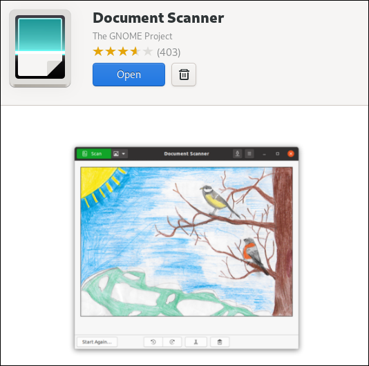 Página de descripción de la aplicación de software GNOME para la aplicación de escáner de documentos