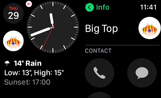 Un atajo de contacto configurado como una complicación en un Apple Watch.