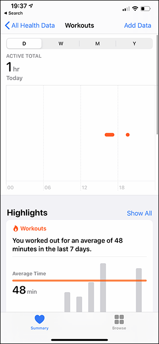 onglet entraînements de l'application Apple Health