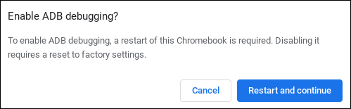 Pantalla de confirmación para activar la depuración de Android en un Chromebook
