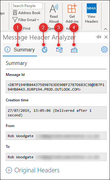 La ventana "Message Header Analyzer" con las diferentes opciones resaltadas.