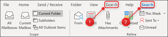 La cinta de Outlook con dos pestañas "Buscar".