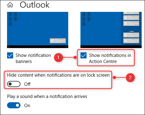 Dos de las opciones en las opciones de notificaciones de Outlook.