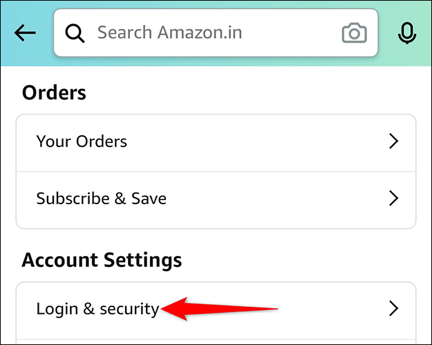 Seleccione "Inicio de sesión y seguridad" en la sección "Configuración de la cuenta" en la página "Su cuenta" en la aplicación de Amazon.