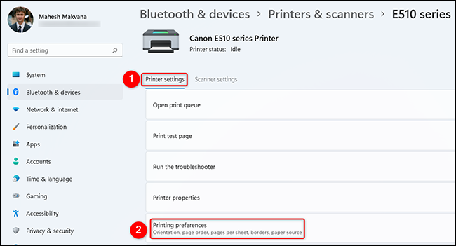 Haga clic en "Configuración de la impresora" y luego haga clic en "Preferencias de impresión" en Configuración.