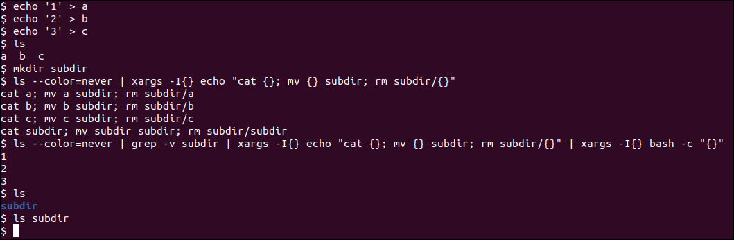 Un mini script completamente funcional basado en xargs y bash -c en un comando de una sola línea