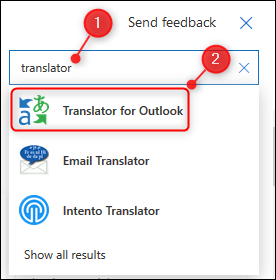 El cuadro de búsqueda "Complementos y conectores" muestra el complemento "Traductor para Outlook".