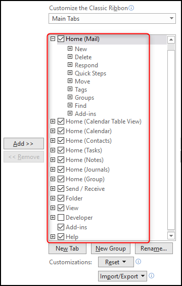 La lista de grupos actualmente visibles en la cinta de Outlook.