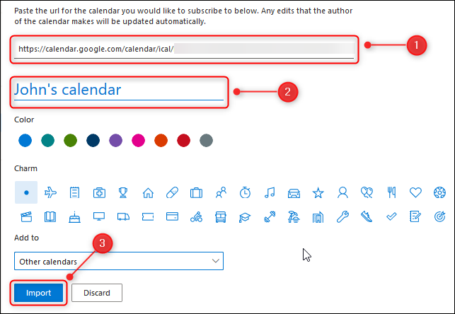 Outlook en línea "Agregar un calendario" panel.