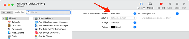 Seleccione "Archivos PDF" en el menú desplegable "El flujo de trabajo recibe el actual" en Automator.
