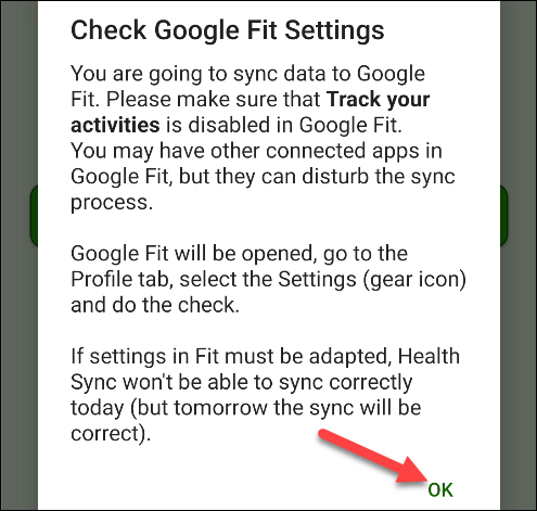 Toca "Aceptar" en la ventana emergente "Comprobar configuración de Google Fit".