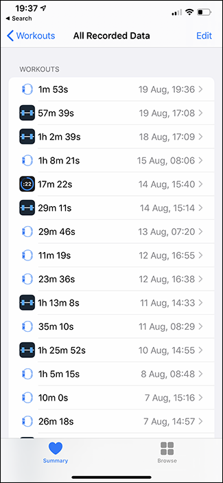 liste d'entraînement de l'application Apple Health