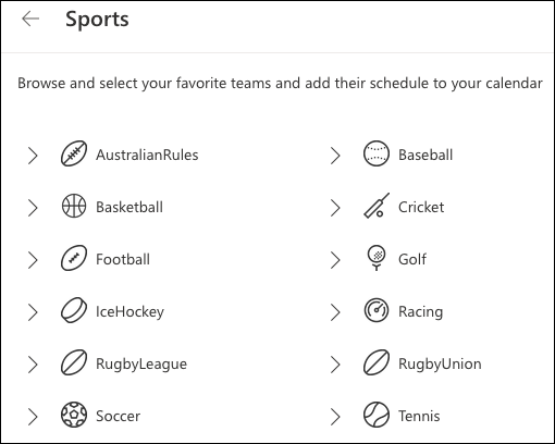 Ligas deportivas del calendario de Outlook