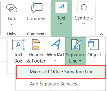 En la pestaña Insertar, haga clic en Texto, Línea de firma, Línea de firma de Microsoft Office