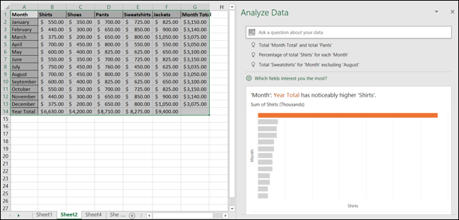 Analizar el panel de tareas de datos en Excel