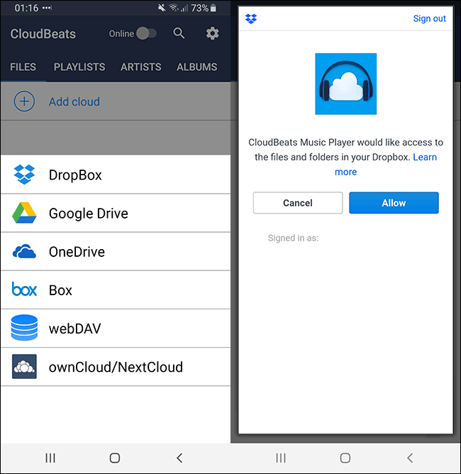 Aplicación de Android Cloudbeats que muestra las opciones de autenticación de Dropbox