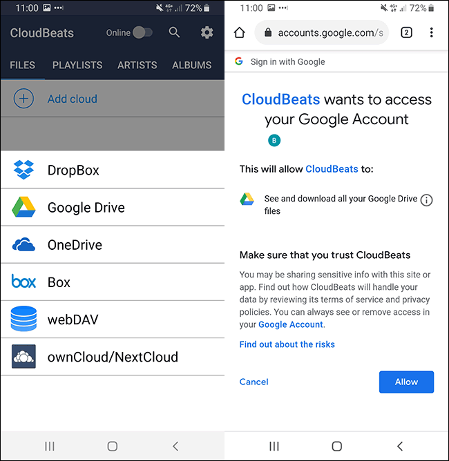 Autorización de Google Drive de la aplicación de música para Android Cloudbeats