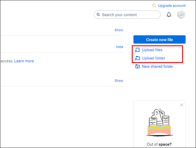 Envie arquivos ou pastas para a interface da web do Dropbox