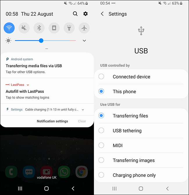 Opciones de conexión USB de Android