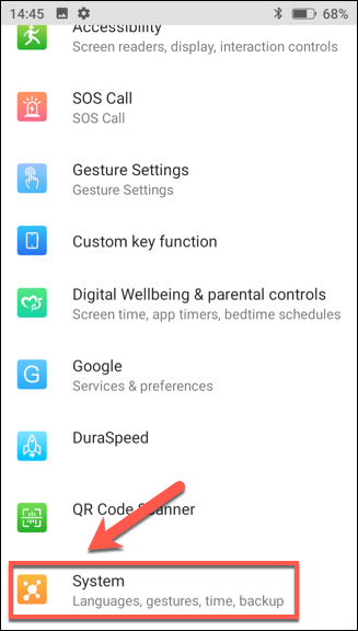No menu "Configuração", toque "Sistema".