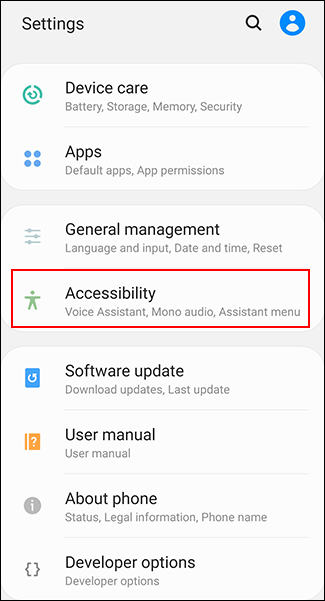 En el menú de configuración de Android, toque Accesibilidad