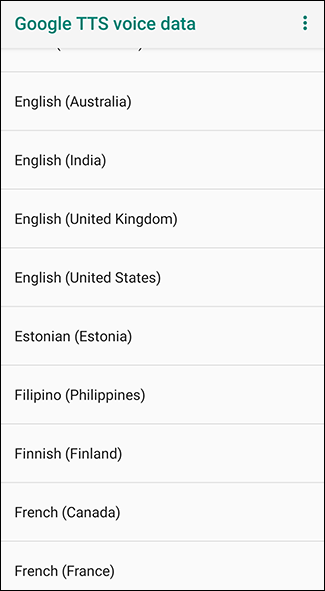 En el menú de datos de voz de Google TTS, toque el idioma que elija