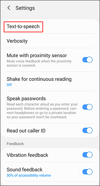 Toque Salida de texto a voz o de texto a voz, según su dispositivo Android
