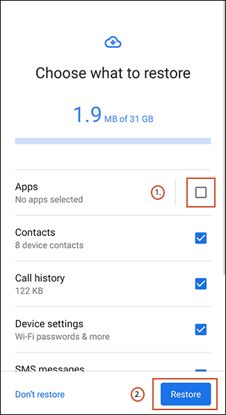 Toque la casilla de verificación Aplicaciones, luego toque Restaurar