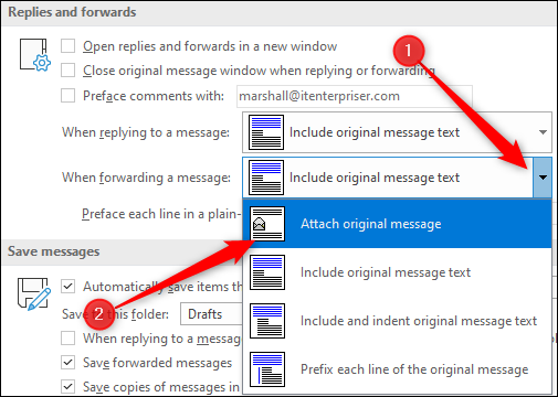 Adjuntar la opción de mensaje original al reenviar correos electrónicos