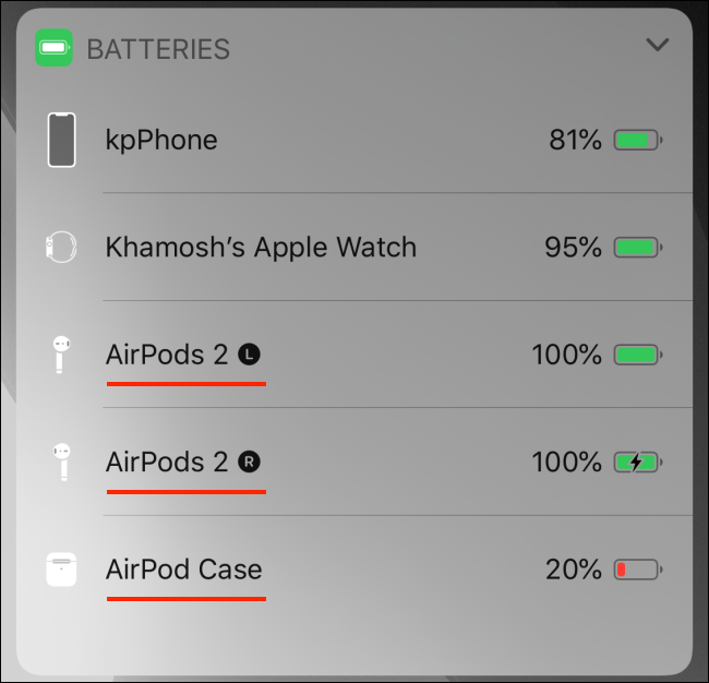 Widget de baterías que muestra la batería de AirPods en iPhone