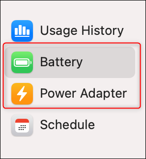 Las pestañas "Batería" y "Adaptador de corriente" de macOS Big Sur.