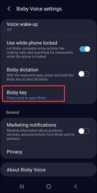 Viene chiamata la configurazione Bixby con l'opzione chiave Bixby.