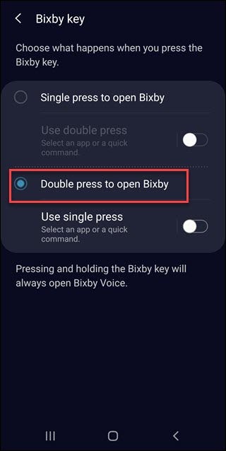Configuración de la tecla bixby con doble presión para abrir la llamada Bixby.