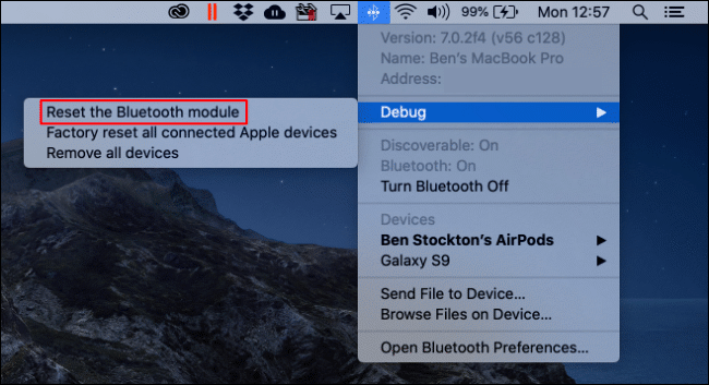 Haga clic en "Restablecer el módulo Bluetooth" en el menú Depurar.