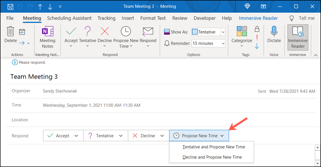 Haga clic en Proponer nueva hora en el calendario de Outlook.