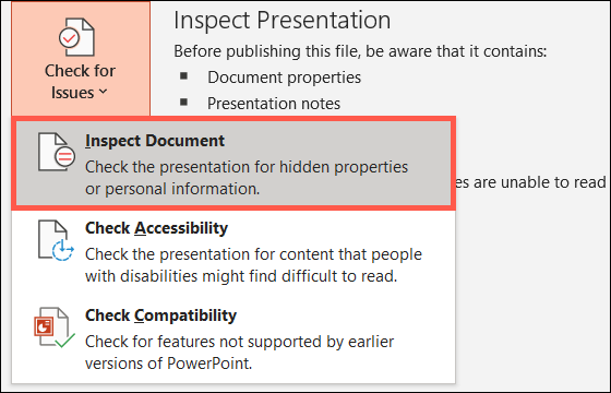 Haga clic en Buscar problemas y seleccione Inspeccionar documento
