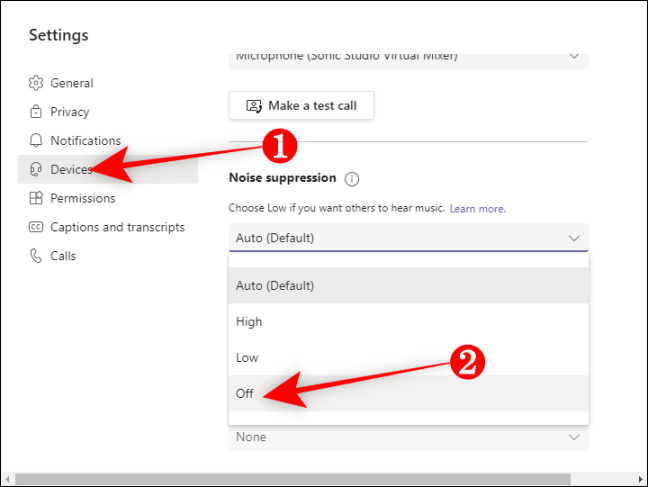 Escolha Desligado para supressão de ruído no Teams