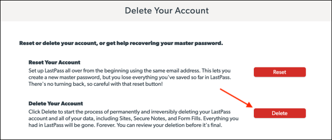 Haga clic en Eliminar de LastPass Eliminar la página de su cuenta