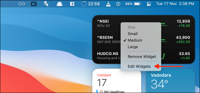 Haga clic en Editar widgets desde el menú contextual del widget