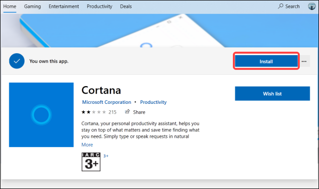 Haga clic en el botón "Instalar" para instalar la aplicación Cortana en su computadora.
