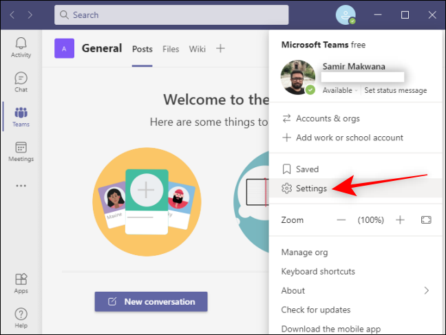 Haga clic en Configuración en Teams para su perfil