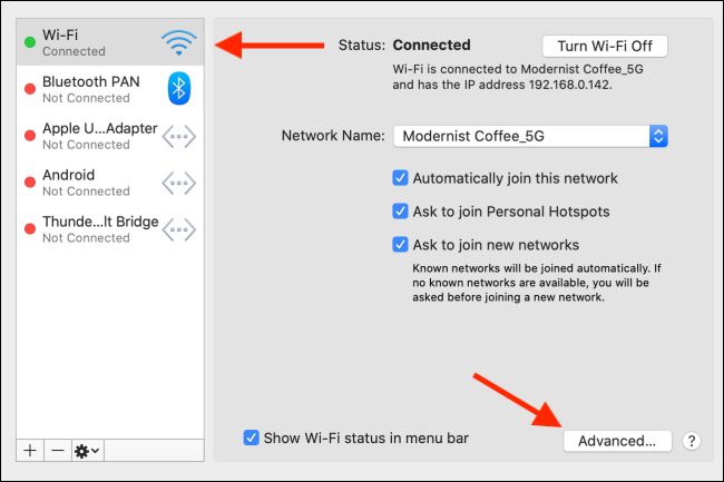 Clique no botão Avançado no menu Wi-Fi