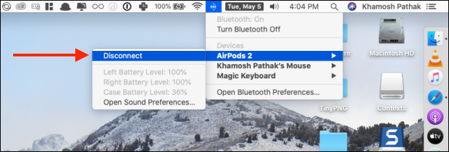 Haga clic en Desconectar desde el menú de AirPods Bluetooth en Mac