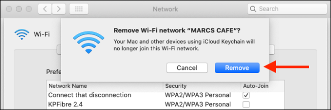 Haga clic en "Eliminar" para eliminar una red Wi-Fi de su Mac y el llavero de iCloud.