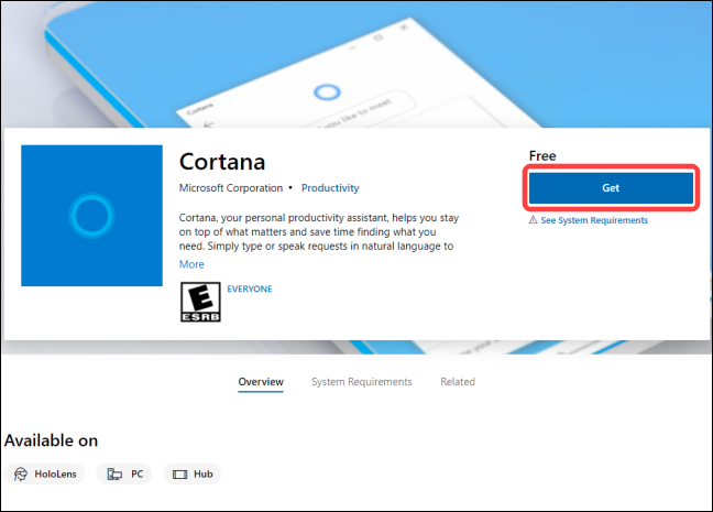 Haga clic en el botón "Obtener" para agregar la aplicación Cortana a su biblioteca.